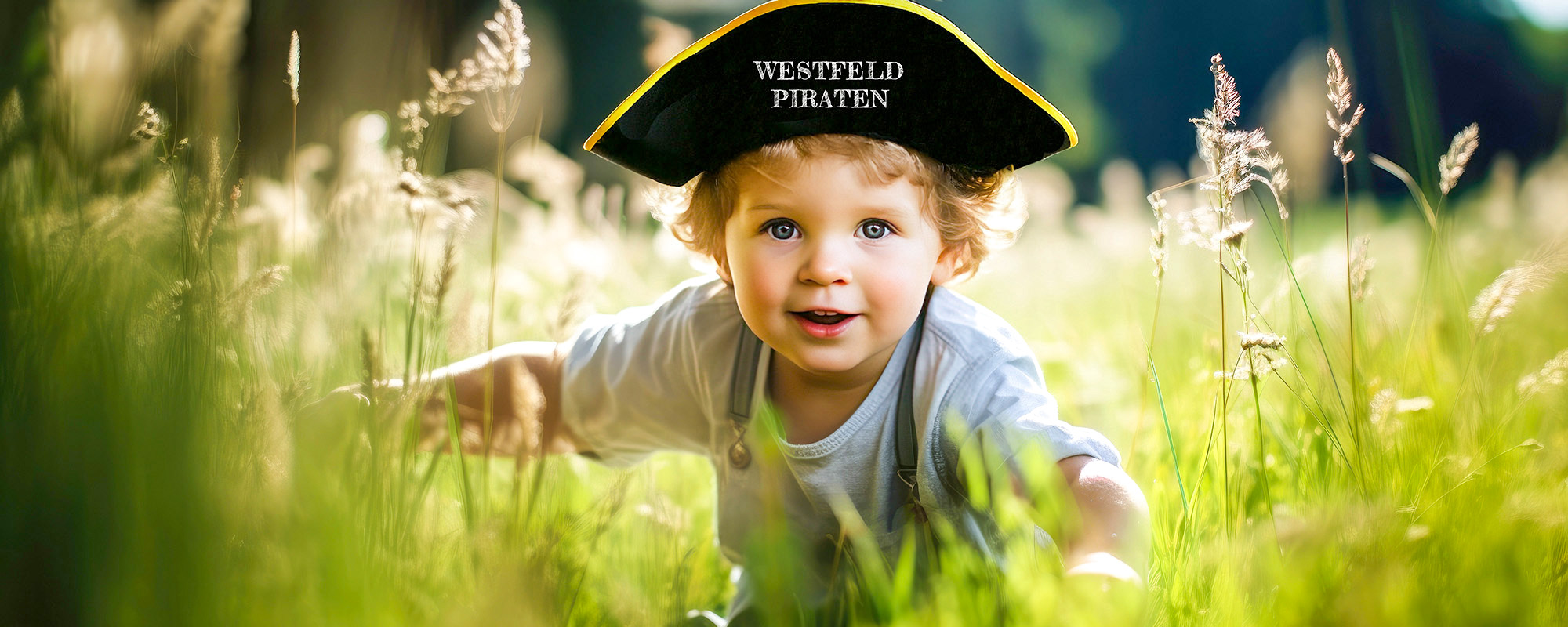 Kleiner Junge rennt durch die Wiese. Er trägt einen Westfeld Piraten Hut.